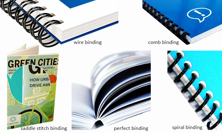 Spiral binding, saddle stitch binding, perfect binding, wire binding, and comb binding in the book printing